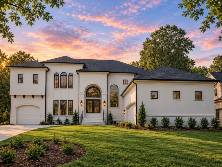 Front elevation of a Neoclassical style luxury home with white stucco exterior, symmetrical design, arched entry, and classic proportions