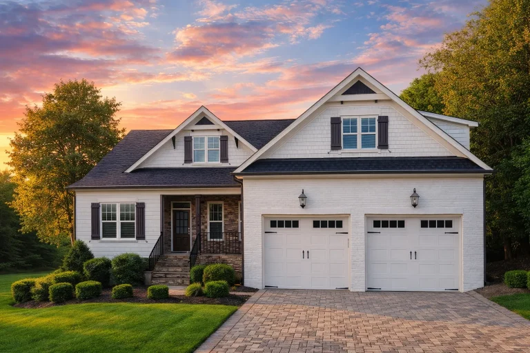 Front elevation of a New American Modern Traditional house featuring horizontal siding, stone accents, symmetrical gables, and an attached two-car garage
