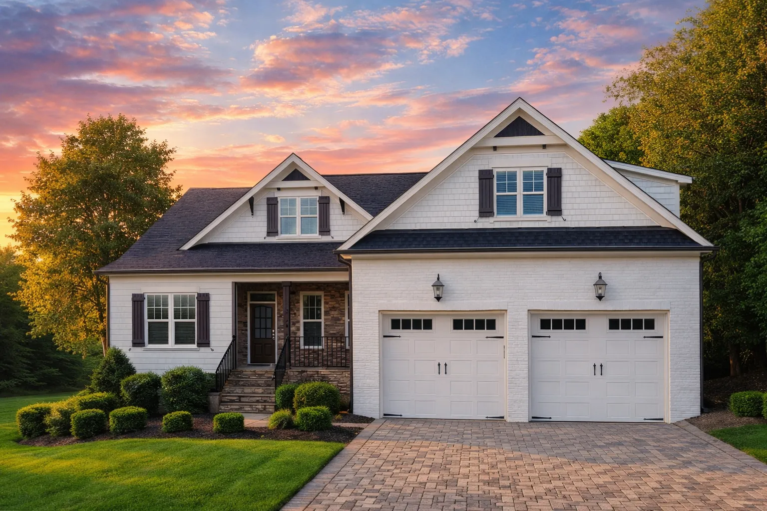 Front elevation of a New American Modern Traditional house featuring horizontal siding, stone accents, symmetrical gables, and an attached two-car garage