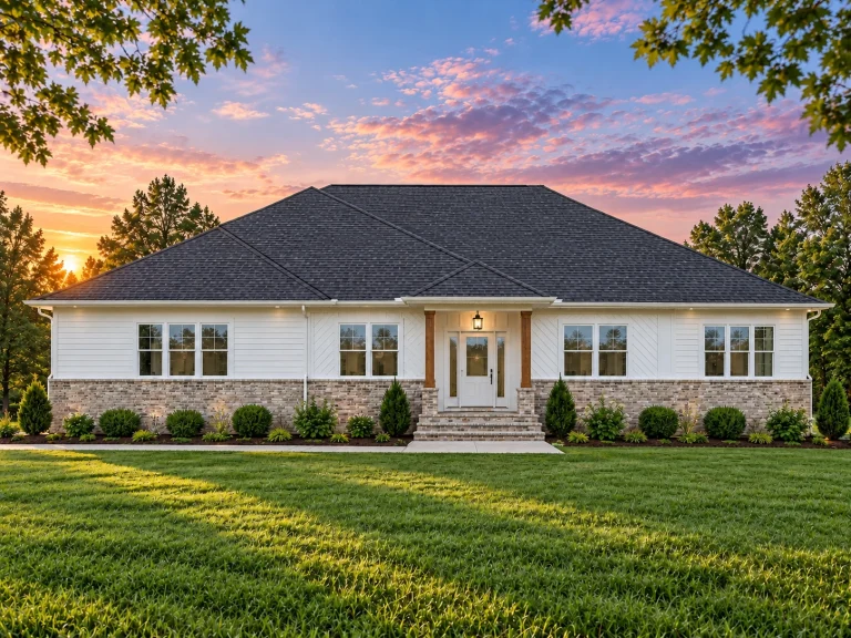 Front elevation of a Traditional Ranch home featuring brick wainscoting, white horizontal siding, and a low-hipped roof with symmetrical windows