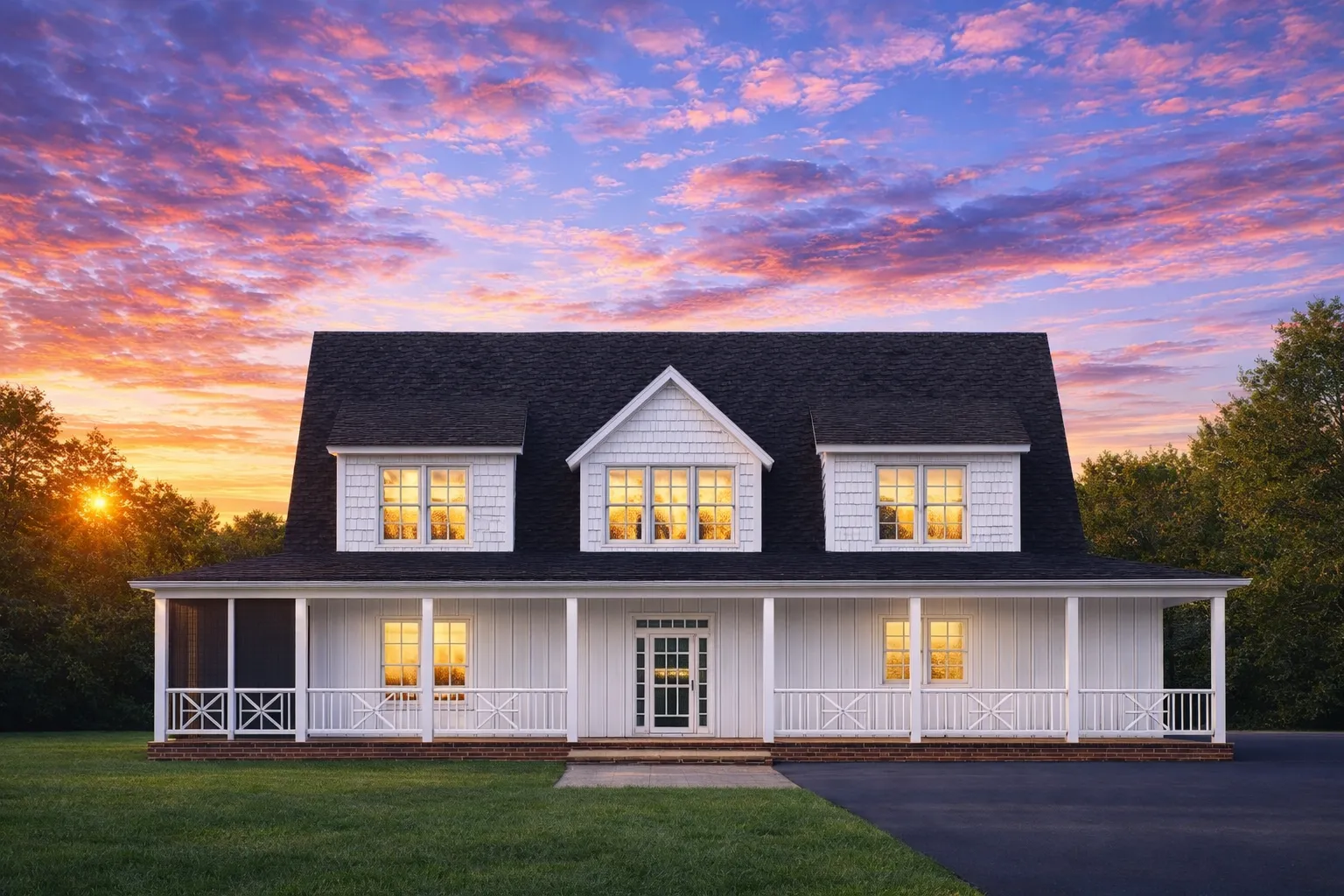 Modern House Plans 7 Front elevation of a Colonial Cape Cod style home featuring lap siding, shingle gables, centered entry, and a full-width covered porch