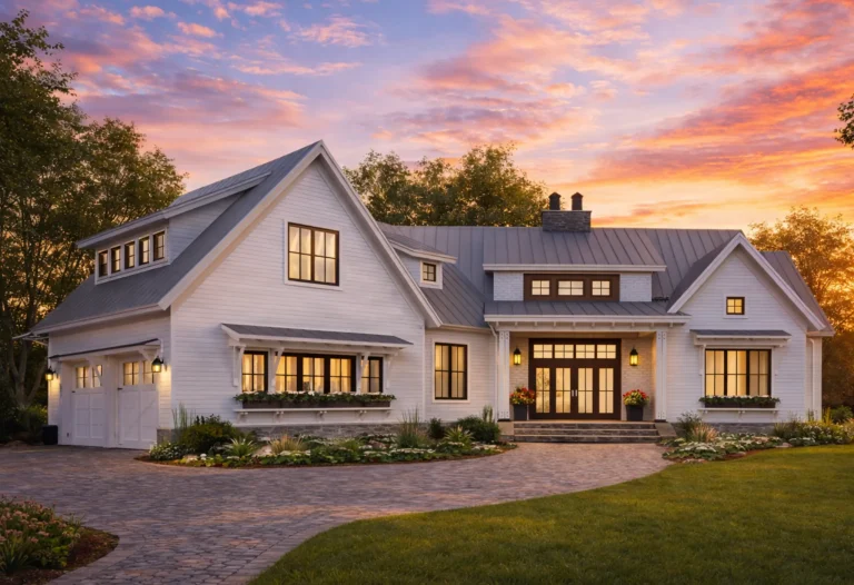 House Plans 18 Front exterior of a Modern Farmhouse home with white lap siding, standing seam metal roof, covered entry porch, and symmetrical New American detailing