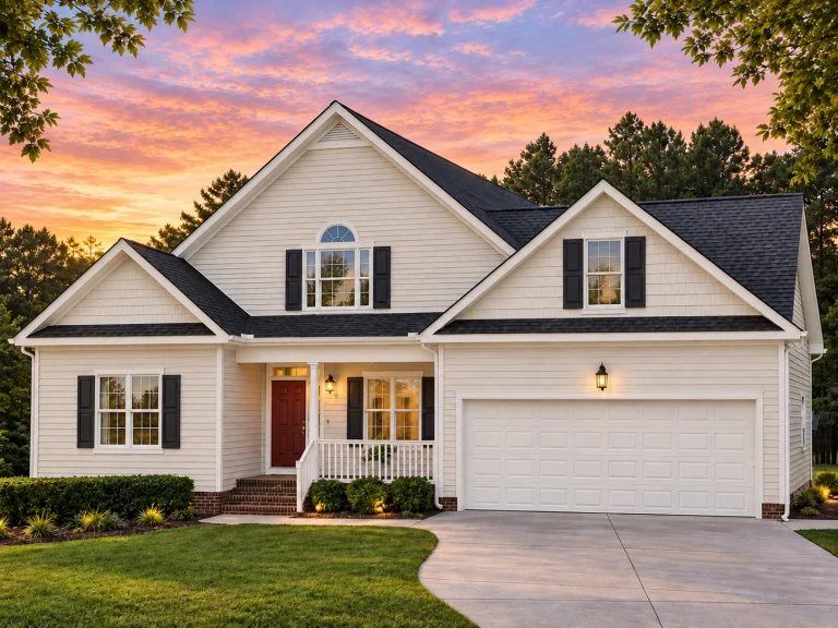 Classical House Plans 13 Front elevation of a New American Modern Traditional home featuring horizontal siding, shake gable accents, brick foundation trim, and a welcoming covered porch