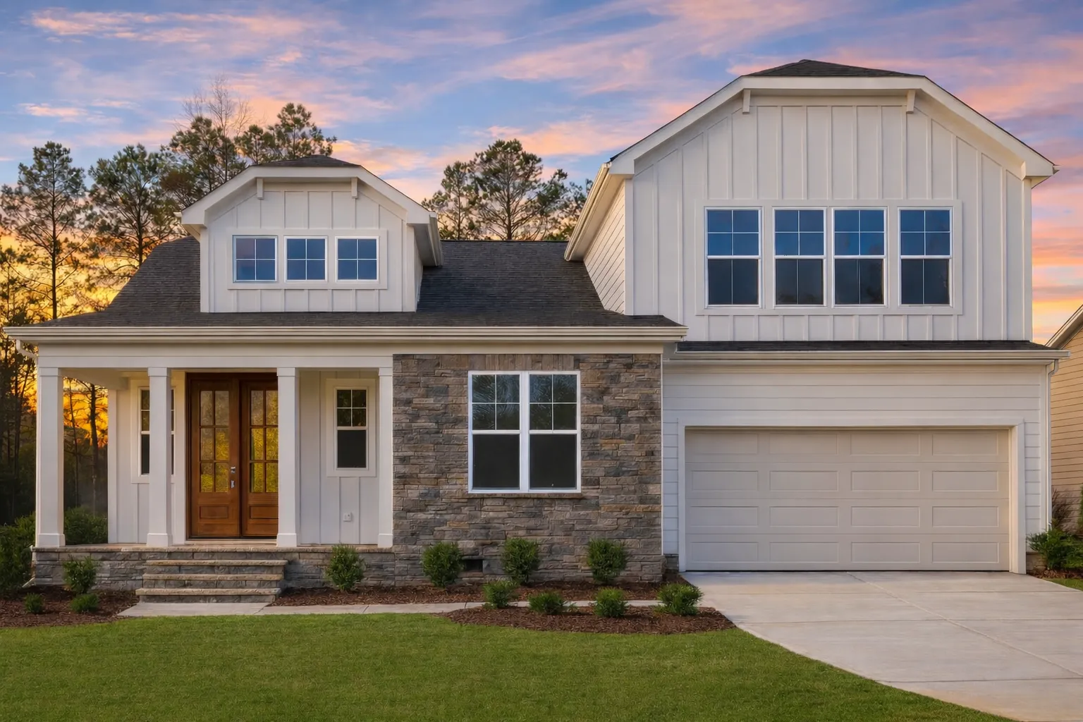 Modern Craftsman House Plans 5 Front elevation of a New American style two-story home featuring board and batten siding, stone accents, symmetrical windows, and an attached two-car garage