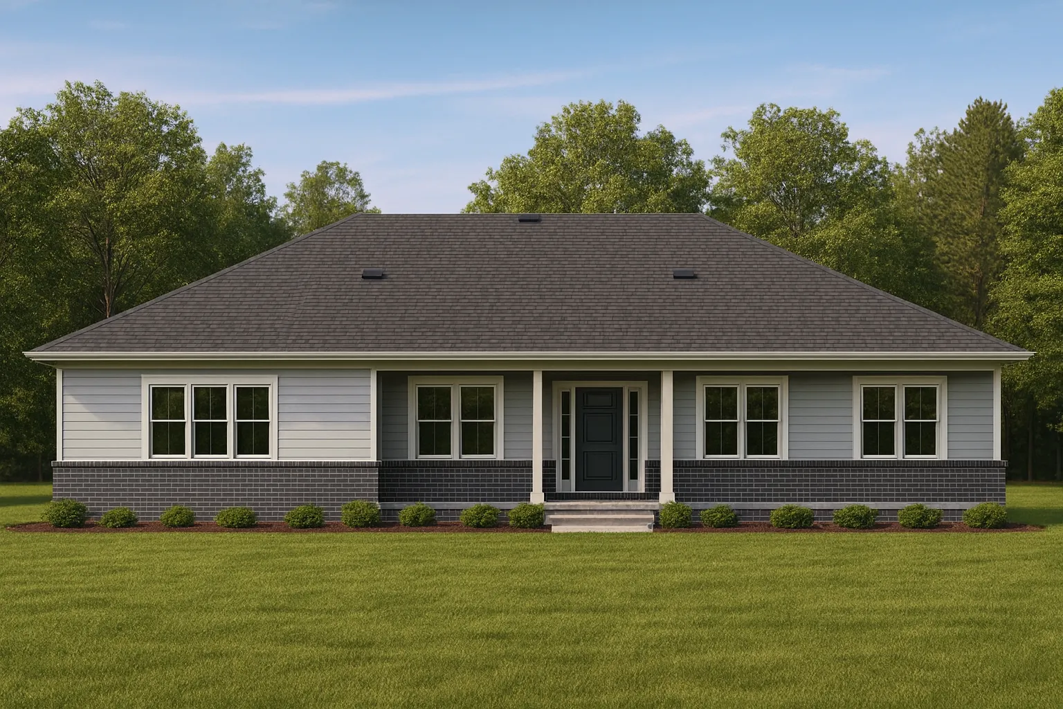 Front elevation of a Traditional Ranch home featuring brick wainscoting, white horizontal siding, and a low-hipped roof with symmetrical windows