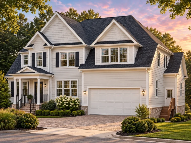 Front elevation of a Modern Farmhouse style home with white horizontal lap siding, gabled rooflines, black shutters, and a two-car garage