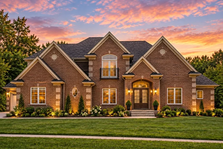 Courtyard House Plans 24 Front exterior view of a Traditional Craftsman home featuring natural stone masonry, European Craftsman detailing, gabled rooflines, and a welcoming covered entry