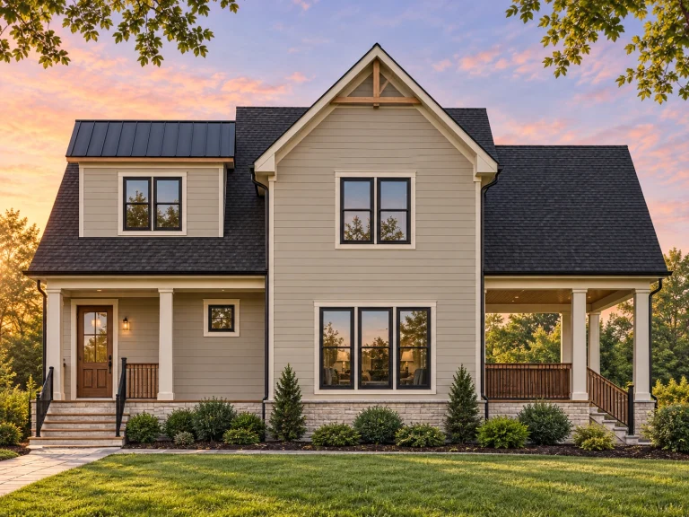 House Plans with Walk-In Pantry 8 Front elevation of a Traditional Suburban Farmhouse featuring horizontal lap siding, stone foundation accents, black windows, and a covered porch