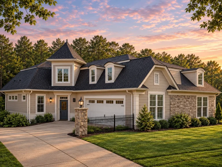 Front exterior of a New American style home with brick and siding exterior, dormer windows, gabled rooflines, and side-entry garage