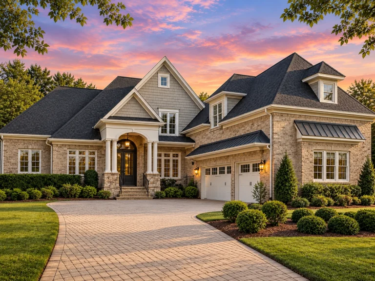 Front exterior view of a New American style home with brick facade, shingle siding accents, steep gabled rooflines, and side-entry garage