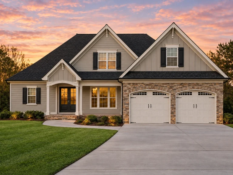 Front exterior of a Traditional New American style home with horizontal siding, brick accents, symmetrical gables, and attached two-car garage