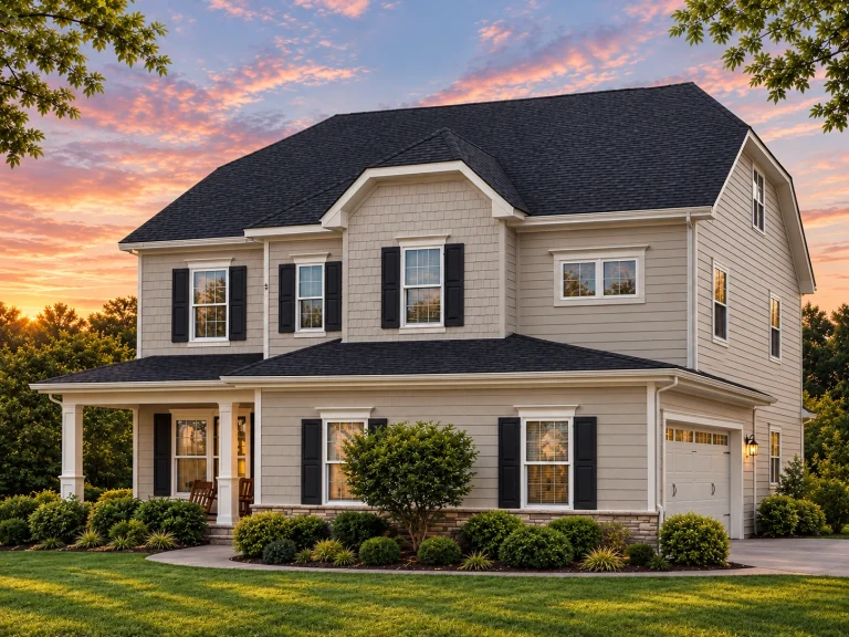 House Plans with Outdoor Kitchen 21 Front elevation of Traditional Colonial style two-story home with white horizontal siding, black shutters, covered porch, and detached two-car garage at sunset