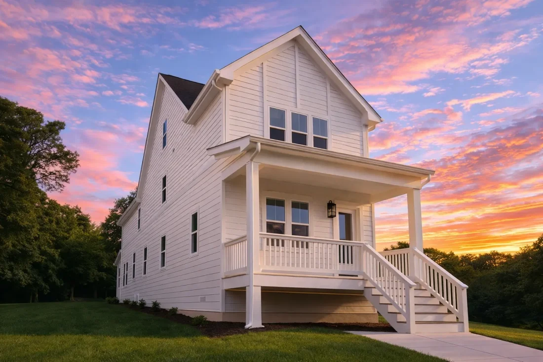 Front angle view of a Modern Farmhouse style home featuring horizontal lap siding, gable rooflines, and a welcoming covered porch entry.