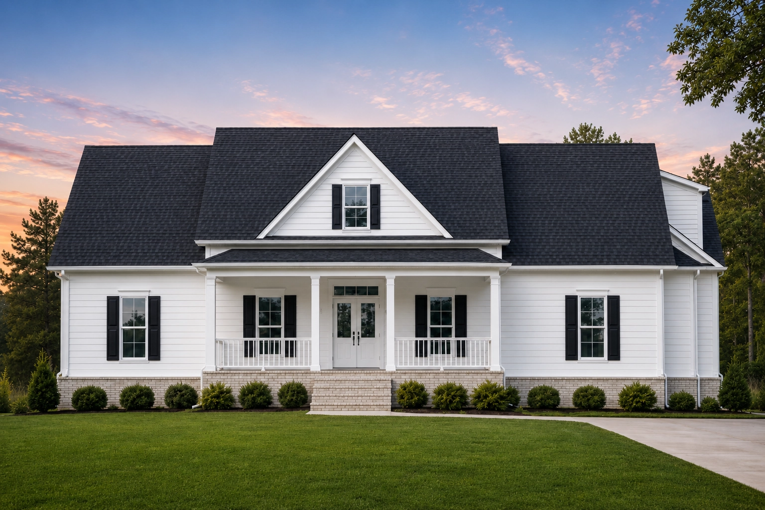 Front elevation of a Southern Colonial style home featuring horizontal siding, a full-width covered porch, symmetrical windows, and traditional detailing