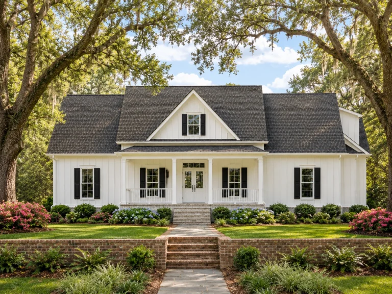 Front elevation of a Southern Colonial style home featuring horizontal siding, a full-width covered porch, symmetrical windows, and traditional detailing