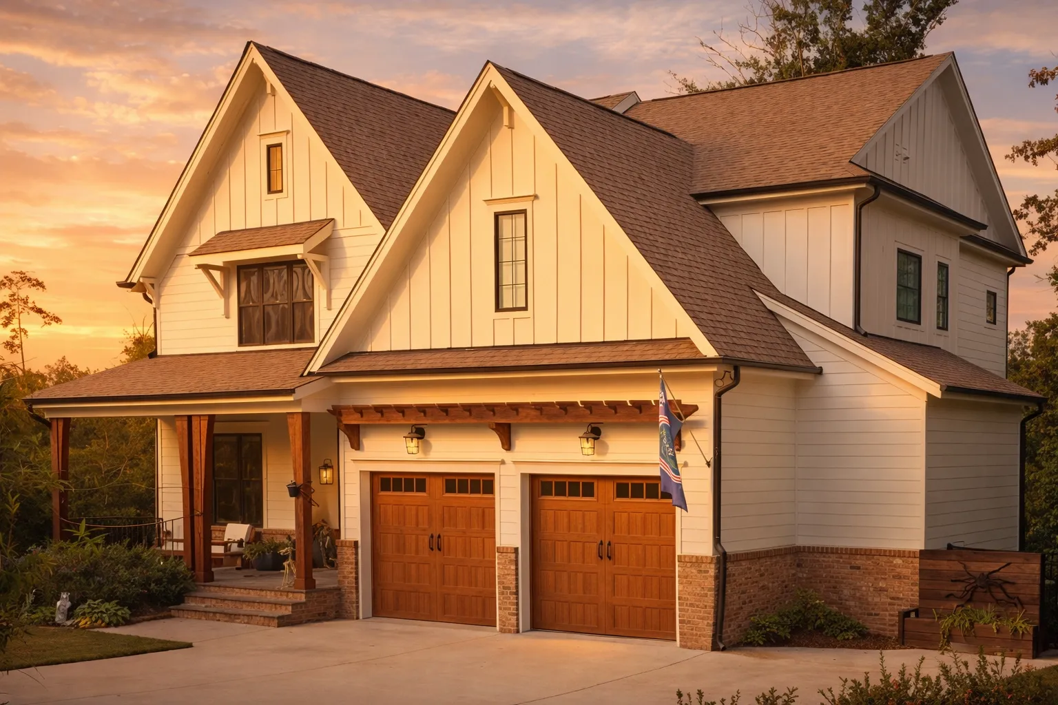 Front exterior of a Modern Farmhouse style home featuring board and batten siding, brick foundation accents, steep gabled rooflines, and a welcoming covered porch