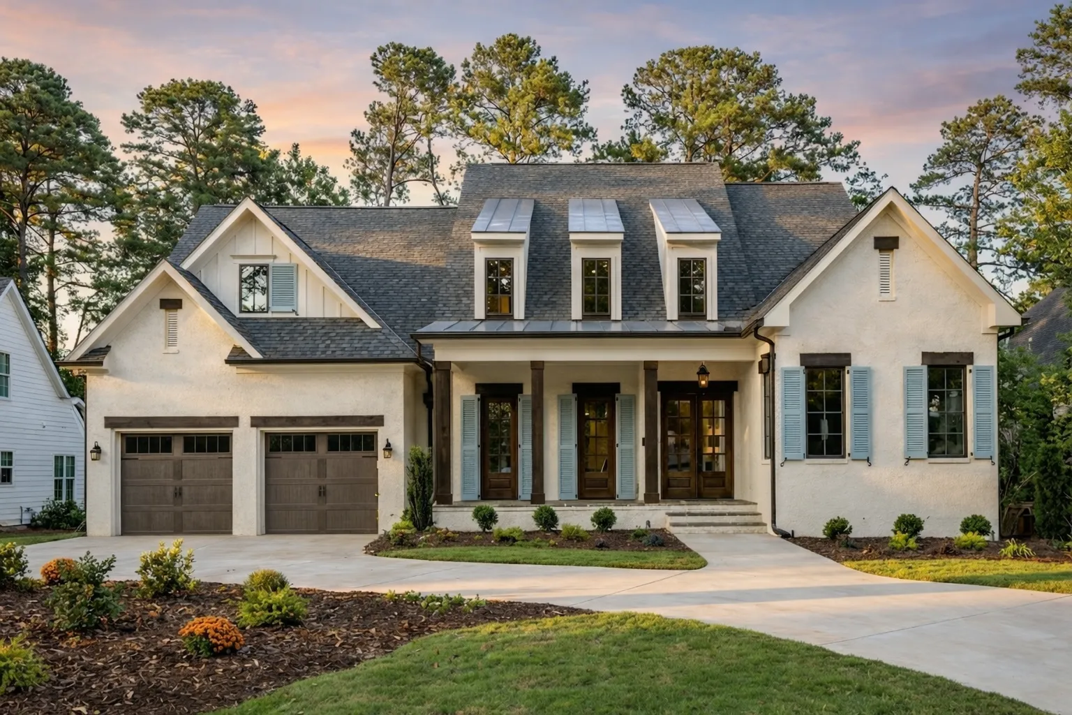 Front elevation of a New American modern traditional house featuring board and batten siding, painted brick, stone accents, dark metal roof details, and a symmetrical two-story facade