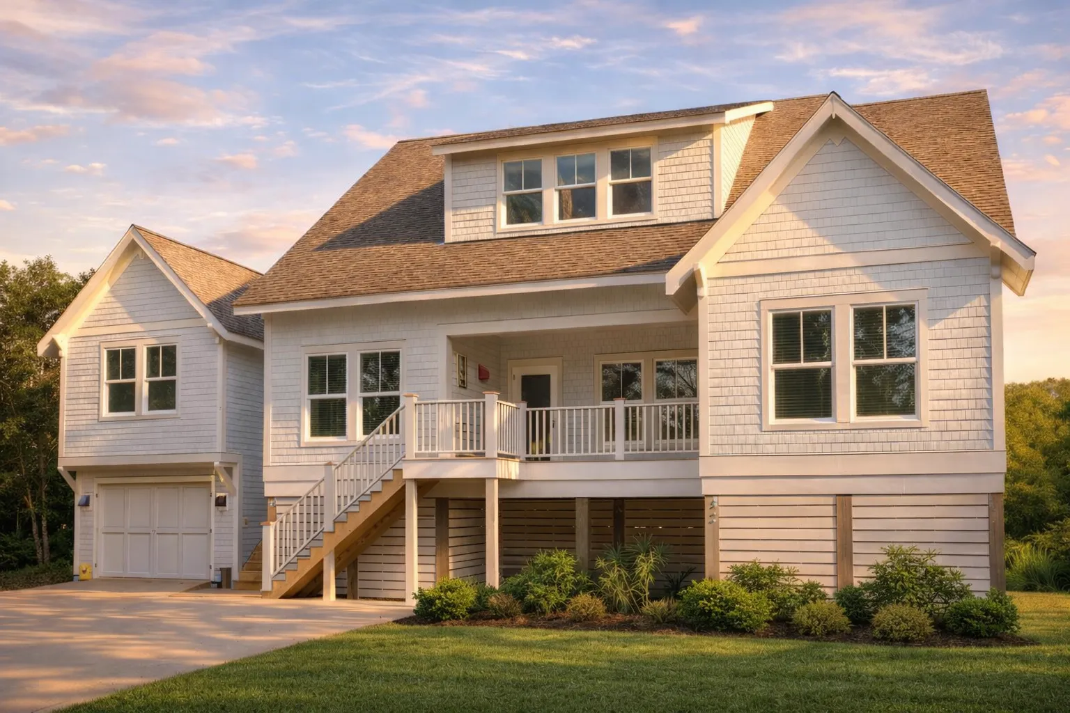 3 Bedroom House Plans 1 Front elevation of a New American Coastal Traditional style house with horizontal siding, board and batten accents, gabled rooflines, and a welcoming covered front porch