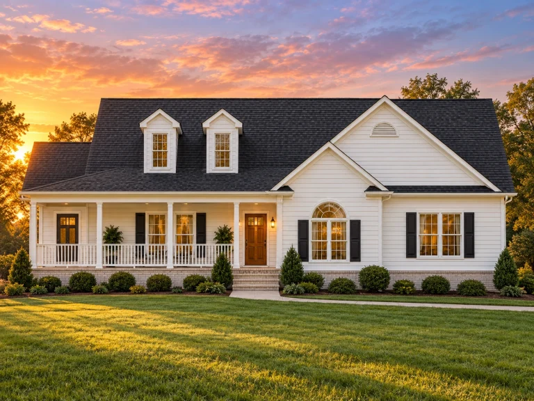 Modern Farmhouse House Plans 22 Front view of a traditional farmhouse home featuring stone accents, horizontal siding, and a covered front porch with dormer windows