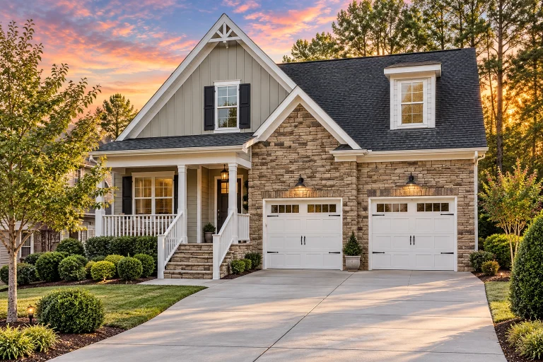 Front exterior view of a modern farmhouse style home featuring board and batten siding, steep gable roof, covered porch, and attached two-car garage