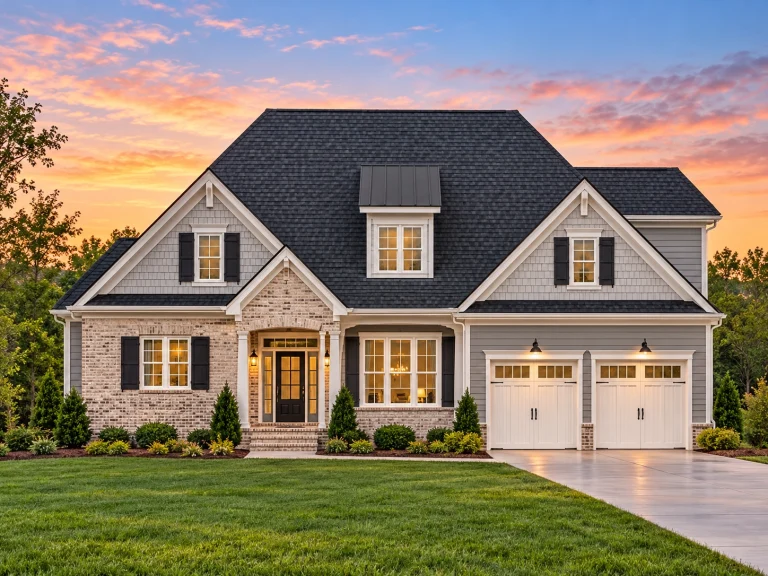 Front exterior view of a New American Cape Cod style house featuring horizontal siding, stone accents, gabled rooflines, and an attached two-car garage