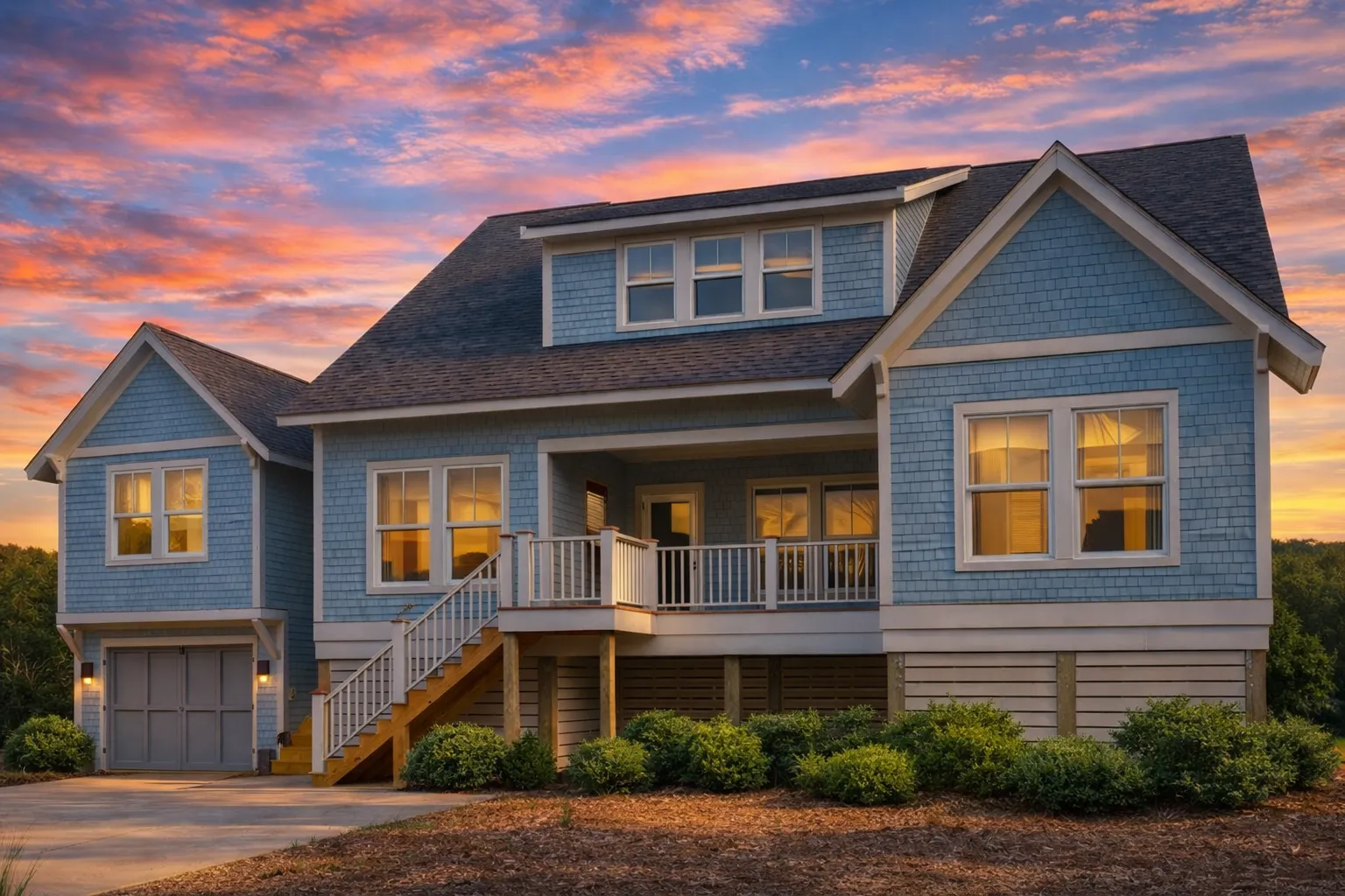 Front elevation of coastal shingle style house with horizontal clapboard siding, dormer windows, covered porch, and elevated foundation