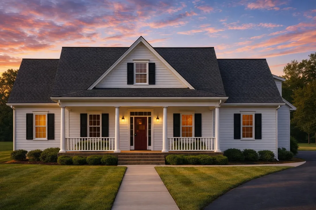 Front elevation of a Southern Colonial style home featuring horizontal siding, a full-width covered porch, symmetrical windows, and traditional detailing