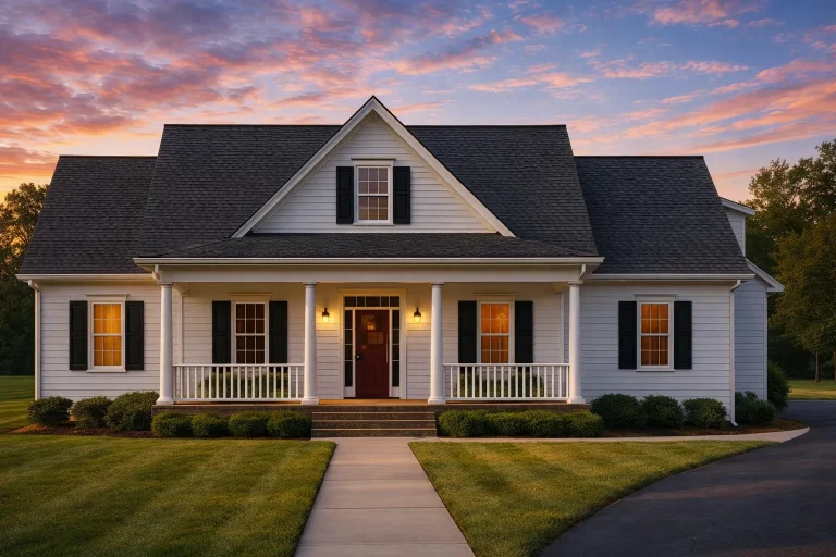 Front elevation of a Southern Colonial style home featuring horizontal siding, a full-width covered porch, symmetrical windows, and traditional detailing