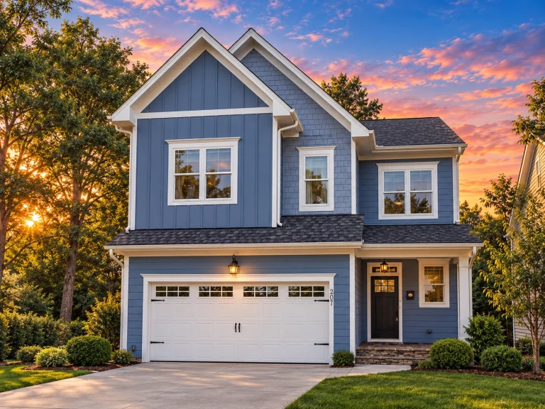 Front elevation of a modern farmhouse style two-story home with white lap siding, black shutters, brick accents, and a covered entry