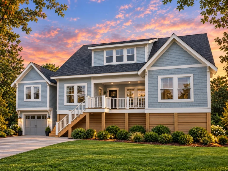 Front elevation of coastal shingle style house with horizontal clapboard siding, dormer windows, covered porch, and elevated foundation
