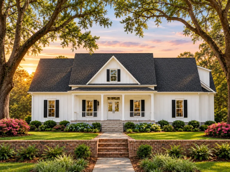 Front elevation of a Southern Colonial style home featuring horizontal siding, a full-width covered porch, symmetrical windows, and traditional detailing
