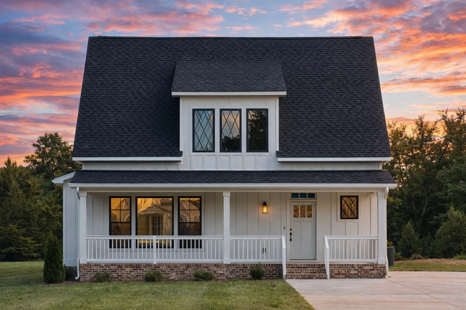 4 Bedroom House Plans 16 Front elevation of a Cape Cod cottage style home featuring horizontal lap siding, steep roofline, dormer windows, and a welcoming covered porch
