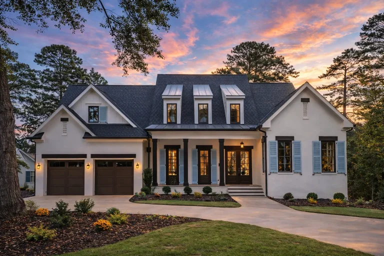 Front elevation of Modern Farmhouse style home with white board and batten exterior, black windows, dormers, and two-car garage