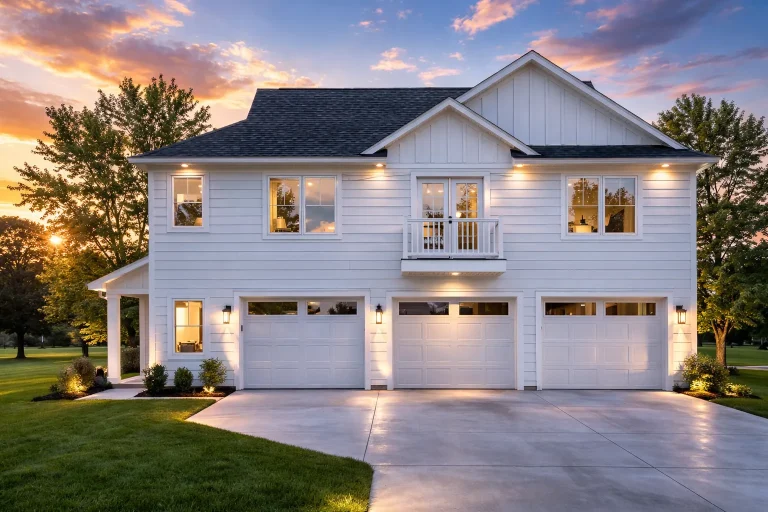 Front elevation of a New American Traditional Suburban house with horizontal siding, stone accents, black shutters, and three-car garage
