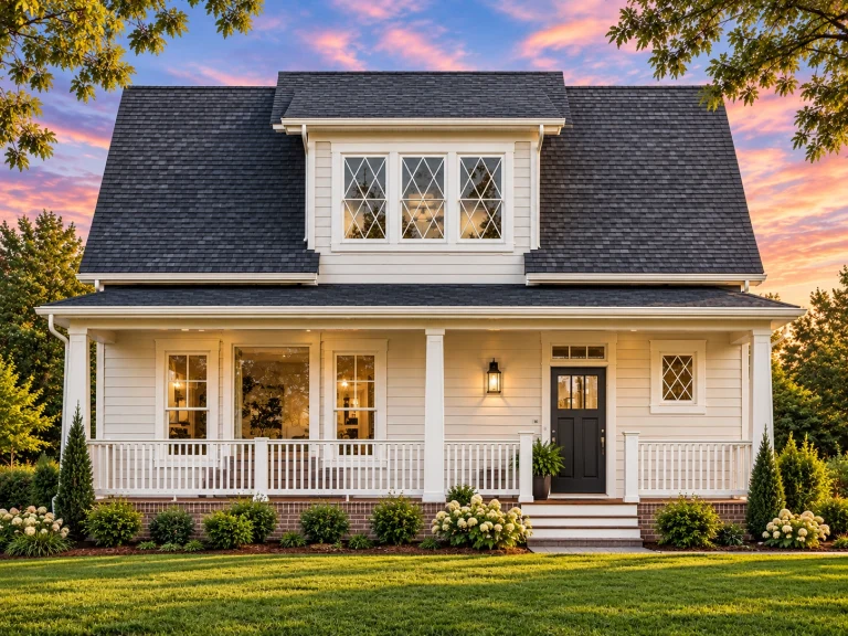 House Plans with Spacious Laundry Room 22 Front elevation of a Cape Cod cottage style home featuring horizontal lap siding, steep roofline, dormer windows, and a welcoming covered porch