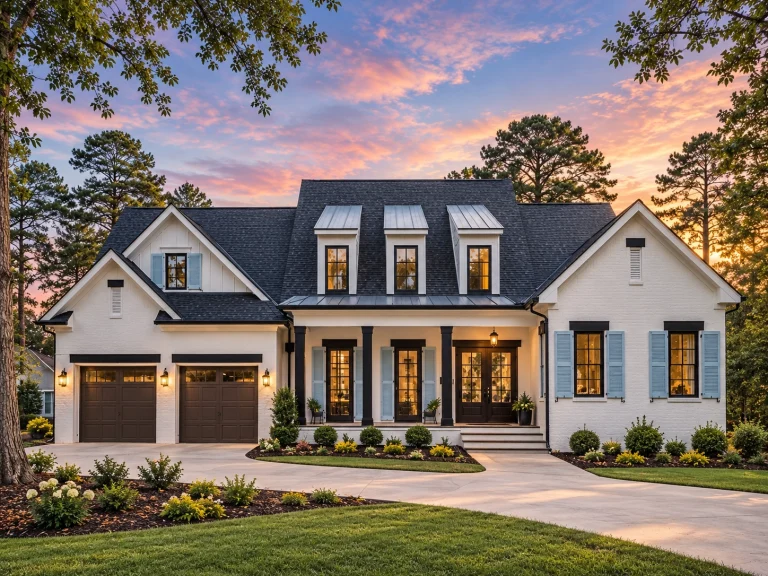 Modern Suburban House Plans 18 Front elevation of Modern Farmhouse style home with white board and batten exterior, black windows, dormers, and two-car garage