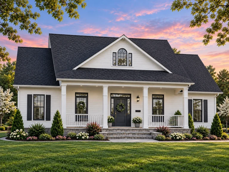 Front elevation of a Southern Farmhouse home with horizontal lap siding, inviting covered porch, and traditional architectural detailing