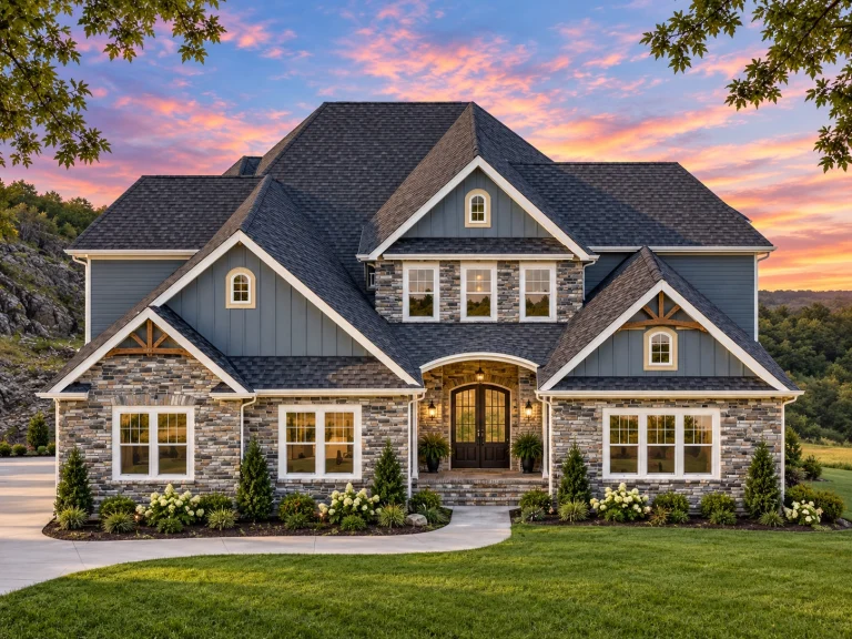 Modern Suburban House Plans 17 Front elevation of a New American style two-story home with stone veneer, horizontal siding, gabled rooflines, and covered entry porch