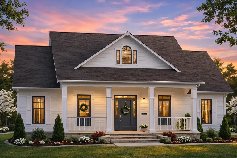Front elevation of a Southern Farmhouse home with horizontal lap siding, inviting covered porch, and traditional architectural detailing