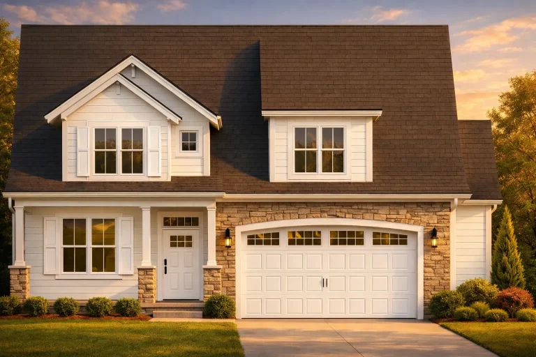 Front view of a Modern Farmhouse style home featuring board and batten siding, stone base, black windows, and dark roof with attached two-car garage