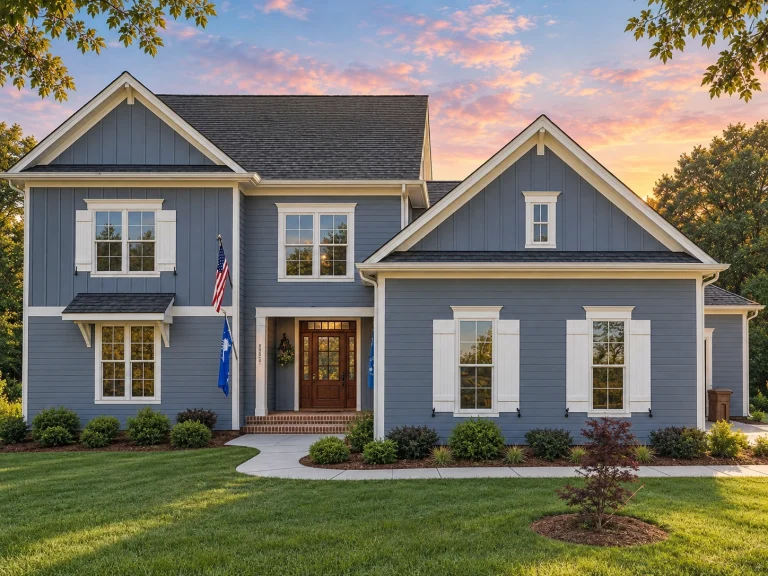Front elevation of a New American style home with traditional Colonial influences, blue lap siding, white trim, and balanced two-story design