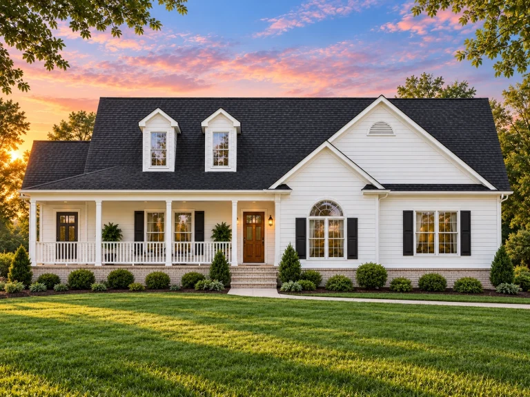 Front view of a traditional farmhouse home featuring stone accents, horizontal siding, and a covered front porch with dormer windows