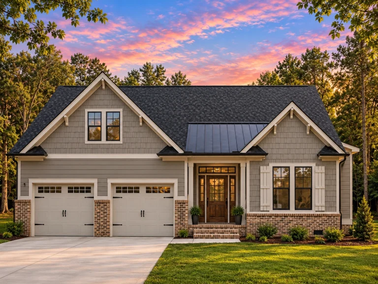 Front elevation of a Traditional Craftsman New American style home featuring board and batten, lap siding, and stone accents