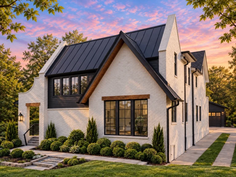 Front exterior of a Modern Farmhouse home featuring white painted brick, dark metal roof, and black-framed windows