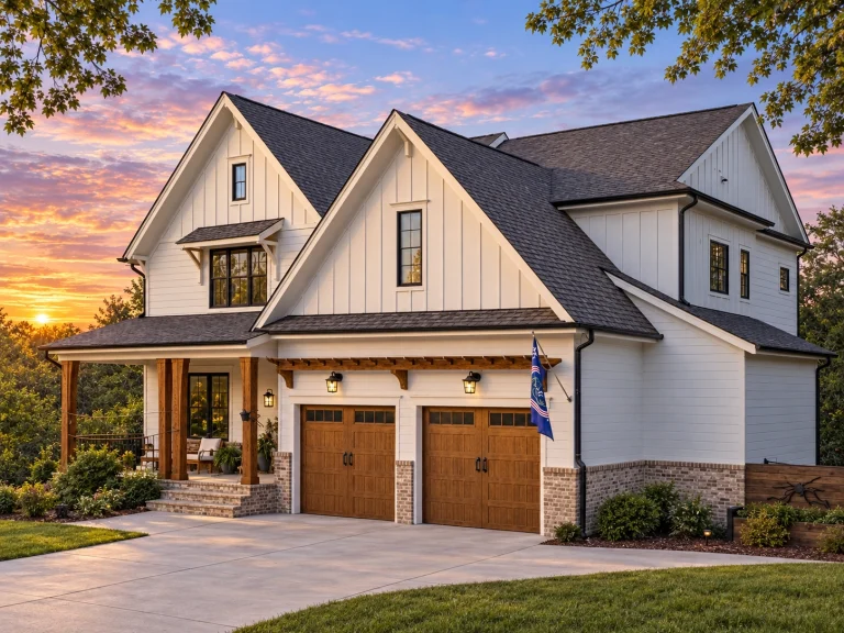 Front exterior of a Modern Farmhouse style home featuring board and batten siding, brick foundation accents, steep gabled rooflines, and a welcoming covered porch