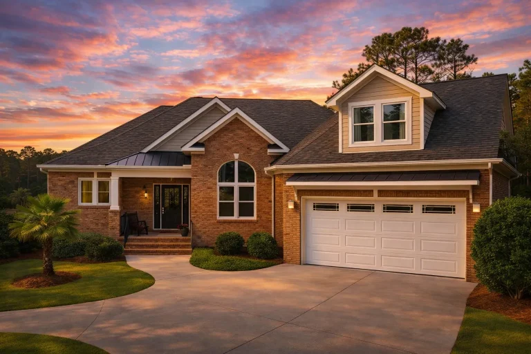 Front view of a Traditional Ranch home featuring brick exterior, gabled rooflines, dormer windows, and an inviting covered entry porch