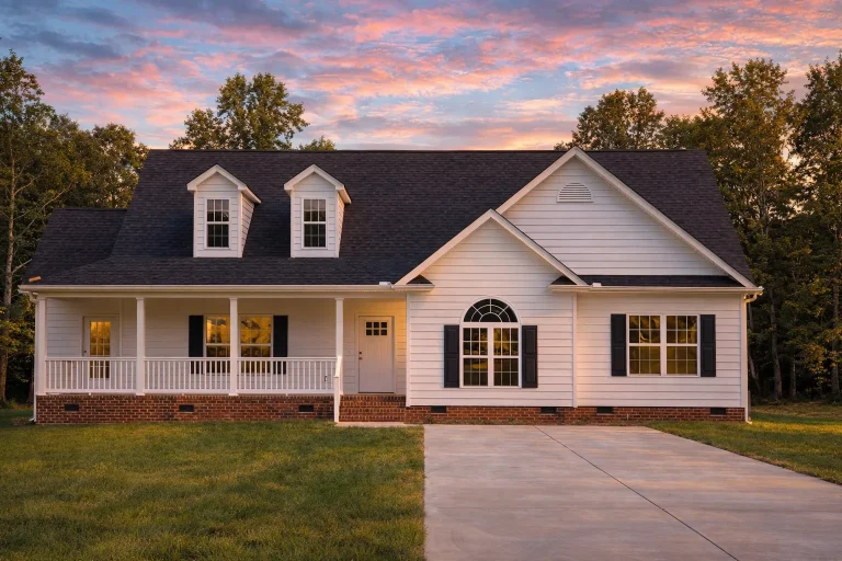 Front view of a traditional farmhouse home featuring stone accents, horizontal siding, and a covered front porch with dormer windows