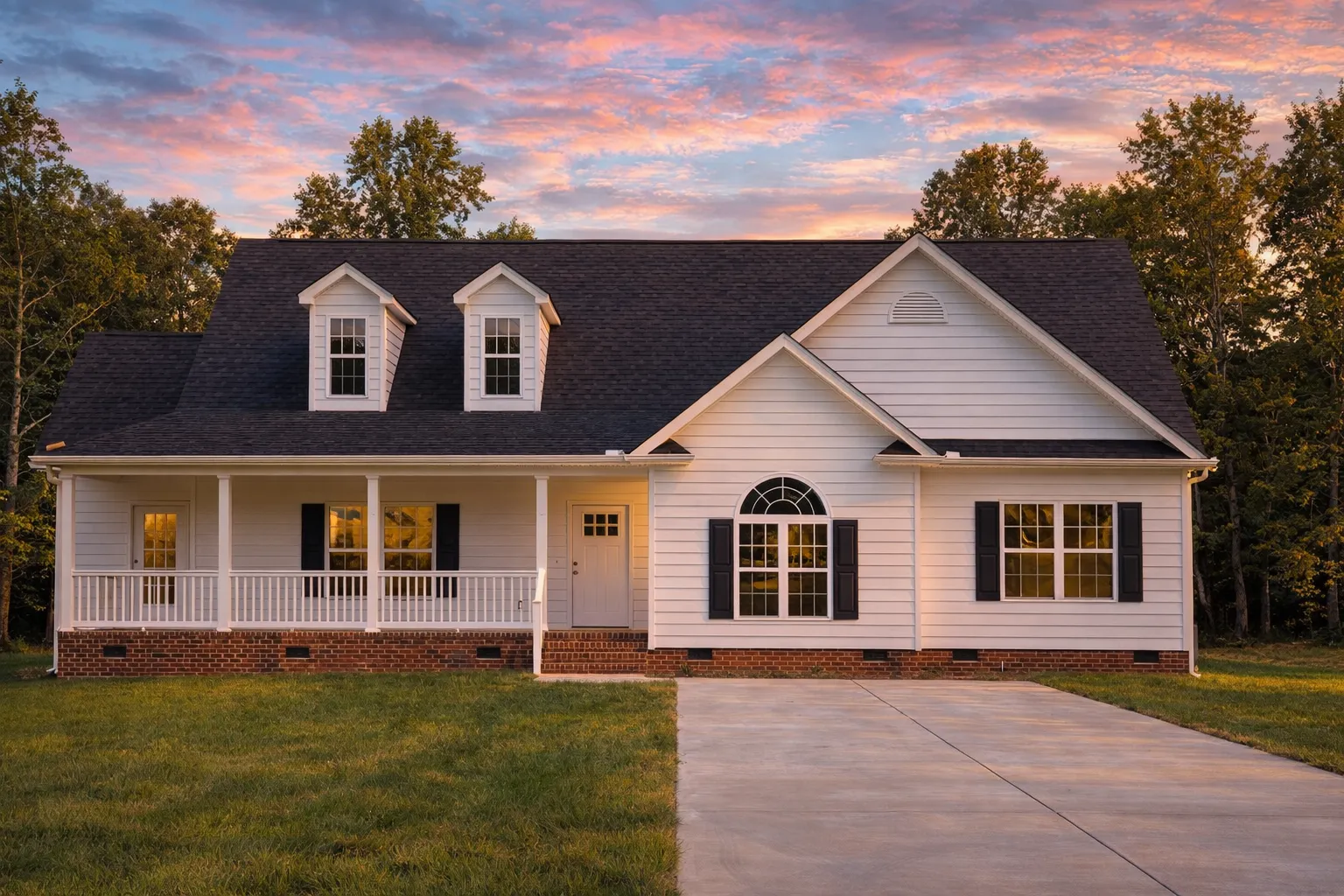 Front view of a traditional farmhouse home featuring stone accents, horizontal siding, and a covered front porch with dormer windows