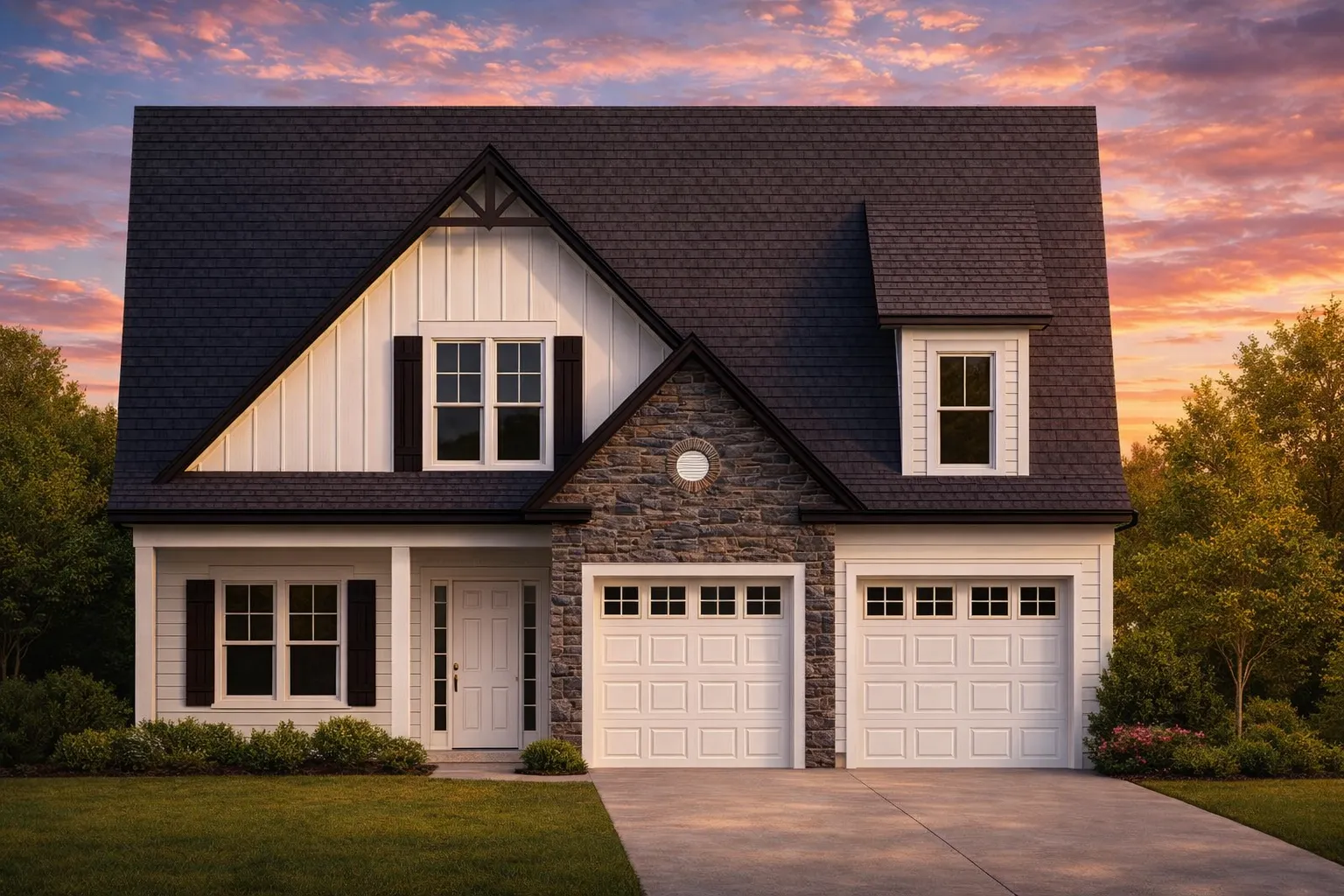 Front exterior view of a modern farmhouse style home featuring board and batten siding, steep gable roof, covered porch, and attached two-car garage
