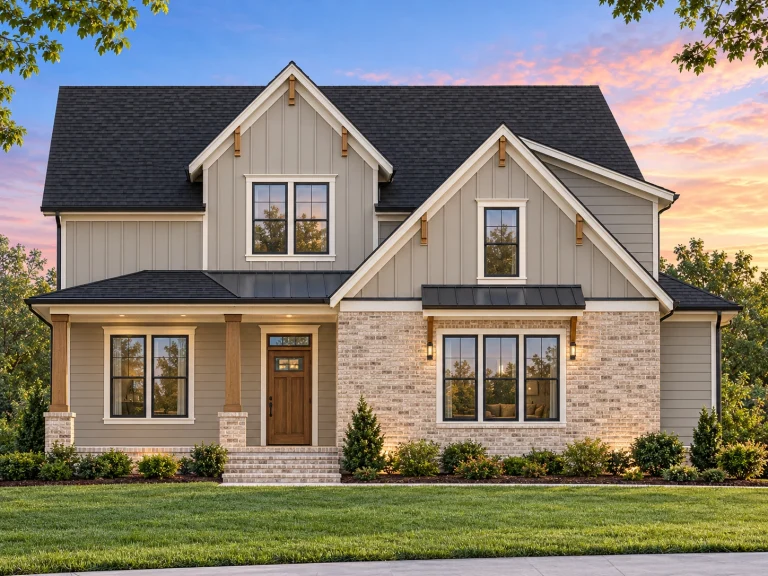 Front elevation of a Modern Farmhouse featuring board-and-batten siding, brick accent façade, and black window trim with gabled rooflines